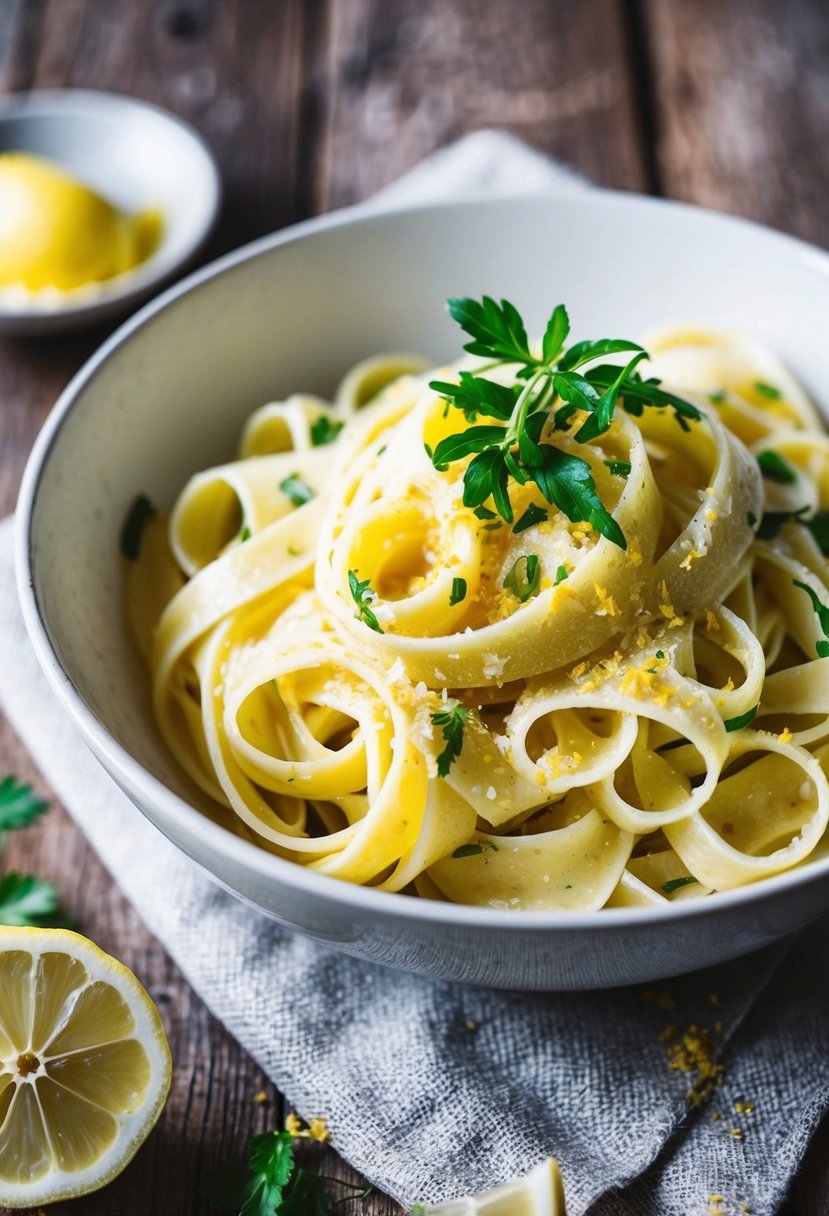 A bowl of creamy lemon ricotta pasta with fresh herbs and a sprinkle of lemon zest on a rustic wooden table