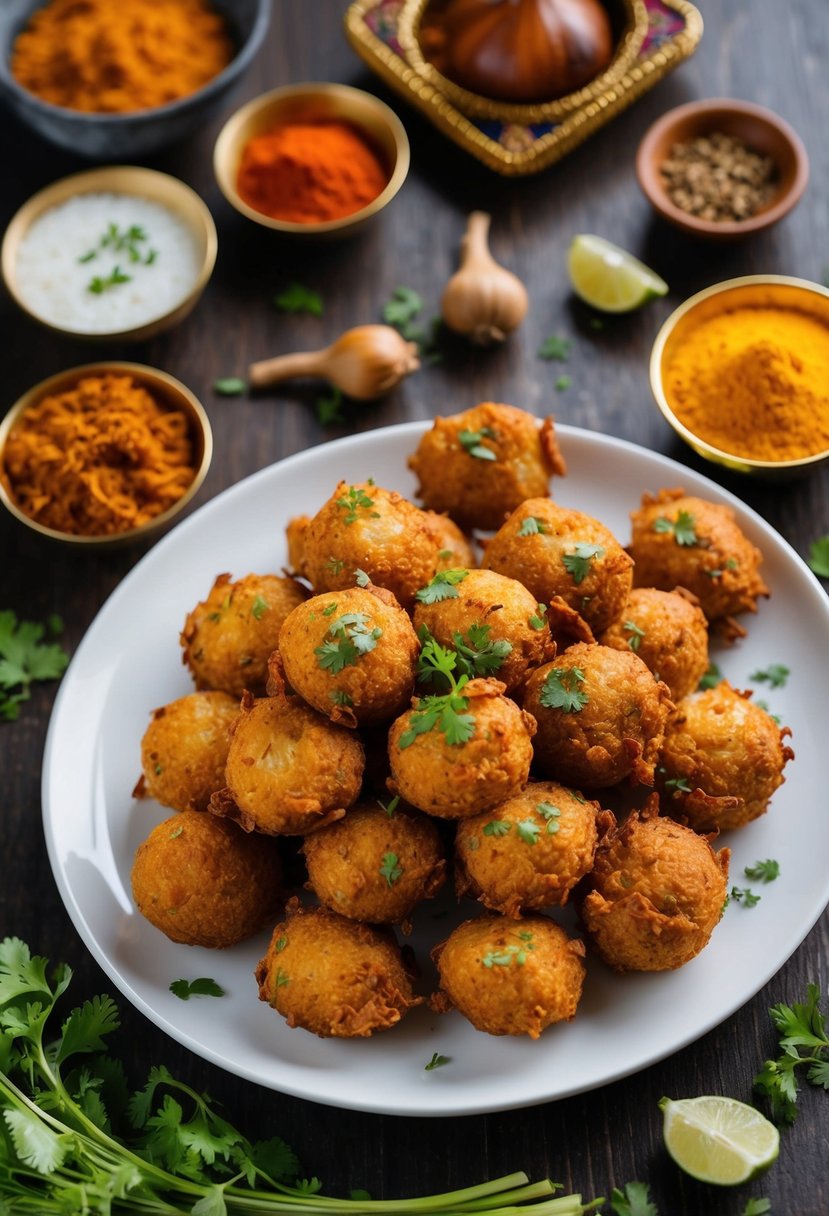 A plate of crispy Kuttu Pakora surrounded by traditional Indian spices and ingredients