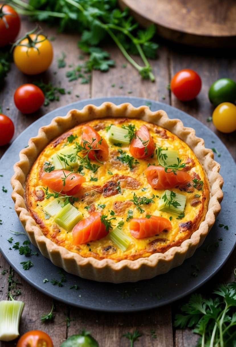 A golden-brown quiche sits on a rustic table, filled with smoked salmon and leeks, surrounded by fresh herbs and a scattering of colorful cherry tomatoes