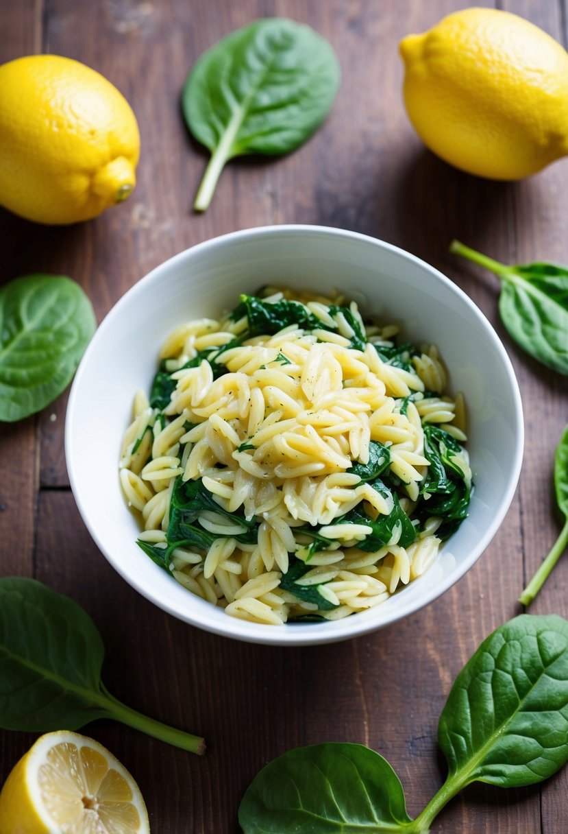 A bowl of lemon spinach orzo pasta surrounded by fresh lemons and spinach leaves on a wooden table