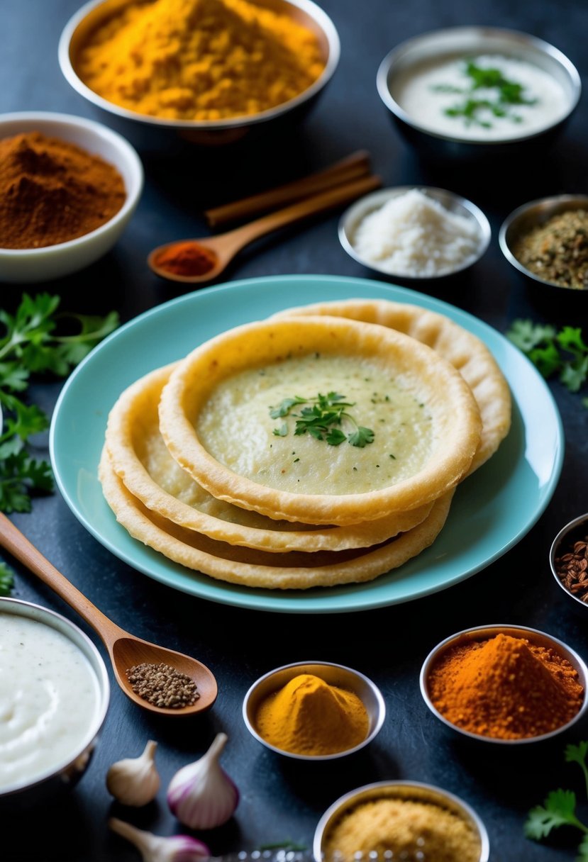 A plate of Singhare ki Puri surrounded by traditional Indian spices and ingredients