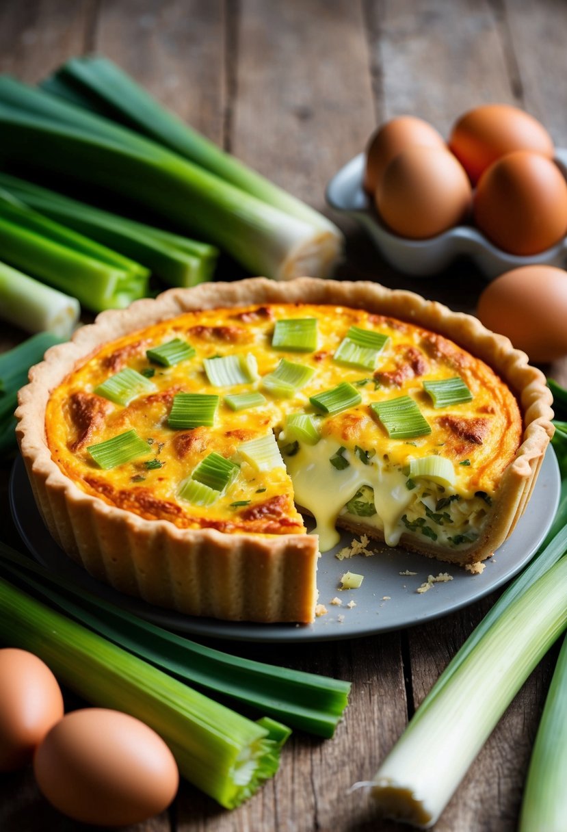 A golden-brown quiche sits on a rustic table, filled with creamy leeks and oozing cheese, surrounded by fresh leeks and eggs