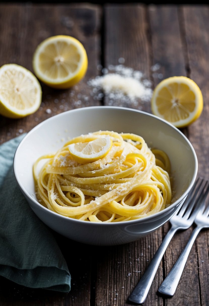 A bowl of Lemon Parmesan Linguine with fresh lemon slices and grated cheese on a rustic wooden table