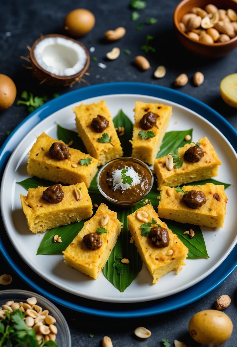 A plate of steamed dhokla with chutney, surrounded by ingredients like peanuts, coconut, and potatoes, representing a traditional Indian farali dish