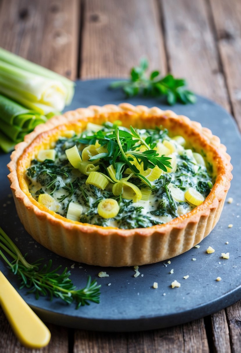 A golden-brown savory tart sits on a rustic wooden table, filled with a creamy mixture of spinach and leeks, garnished with fresh herbs