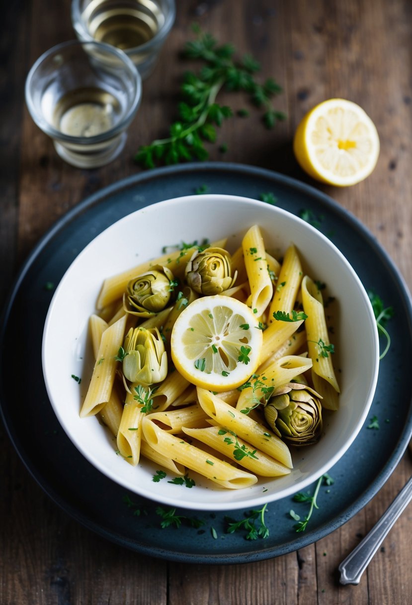 A steaming bowl of penne pasta with artichokes and lemon slices, garnished with fresh herbs on a rustic wooden table