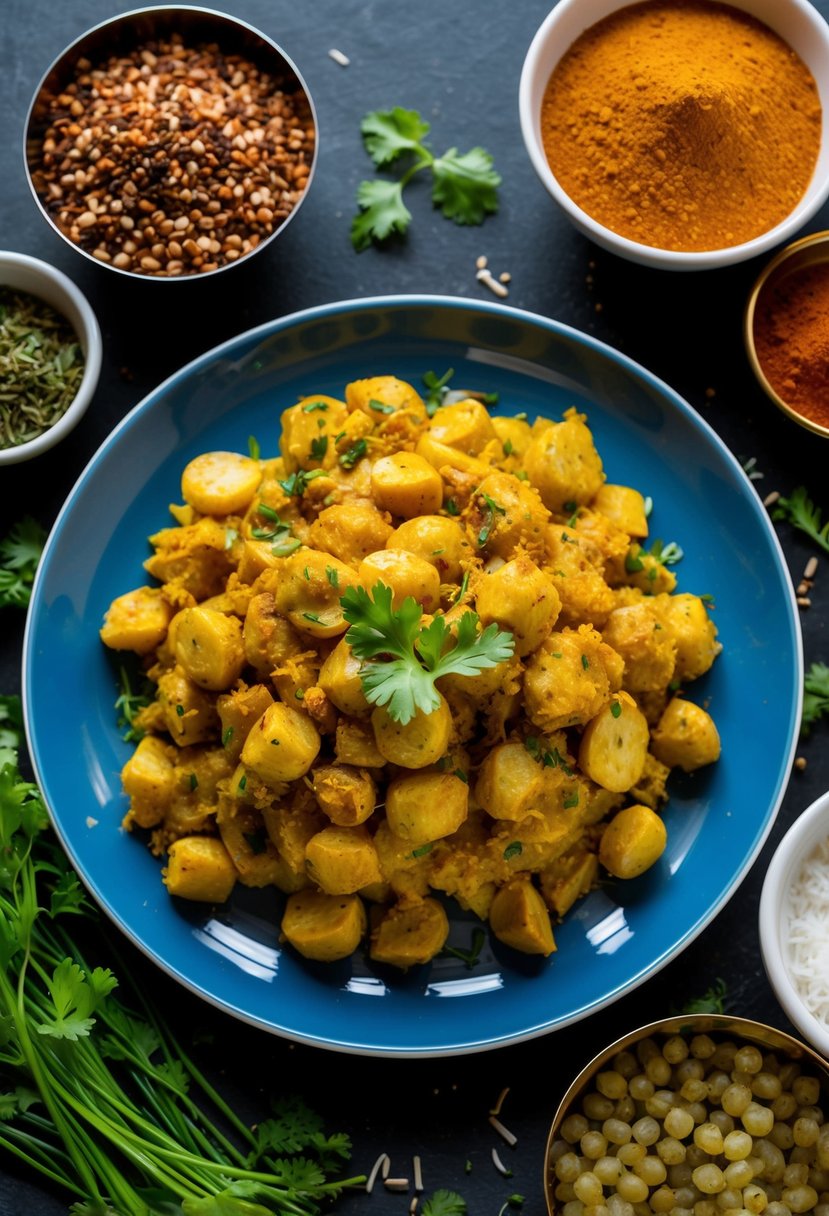 A plate of Vrat ke Aloo, surrounded by traditional Indian spices and ingredients, ready to be prepared for a Farali meal