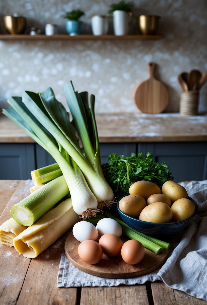 A rustic kitchen counter with ingredients for leek and potato quiche laid out, including leeks, potatoes, eggs, and pastry dough