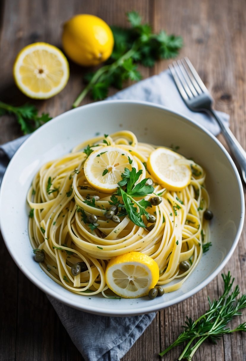 A bowl of linguine with lemon slices and capers, garnished with fresh herbs, sits on a rustic wooden table