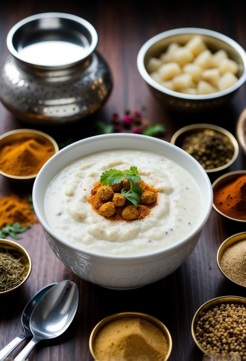 A bowl of creamy Makhana Kheer surrounded by traditional Indian spices and ingredients