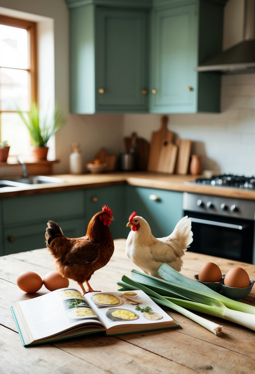 A rustic kitchen with fresh leeks, eggs, and a chicken, surrounded by a vintage cookbook open to a quiche recipe