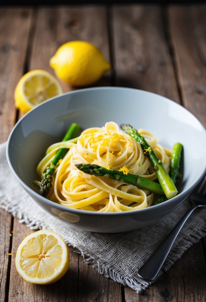 A bowl of lemon asparagus fettuccine sits on a rustic wooden table, garnished with fresh lemon zest and vibrant green asparagus spears