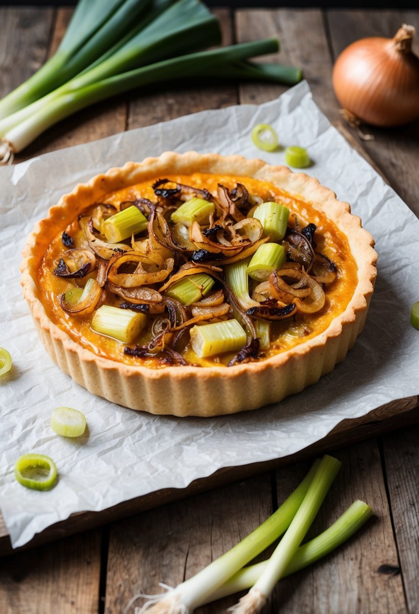 A golden-brown tart with caramelized onions, leeks, and a flaky crust, sitting on a rustic wooden table. A few scattered leeks and onions surround the tart