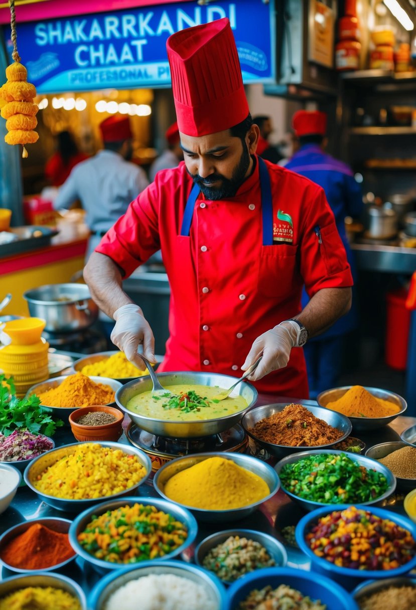 A colorful street food stall with a chef preparing Shakarkandi Chaat, surrounded by various ingredients and spices