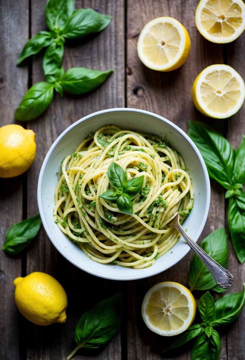 A bowl of lemon pesto pasta surrounded by fresh basil leaves and halved lemons on a rustic wooden table