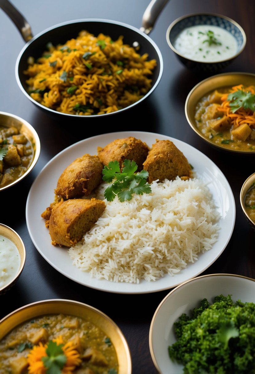 A plate of samak rice and other farali Indian dishes arranged on a table