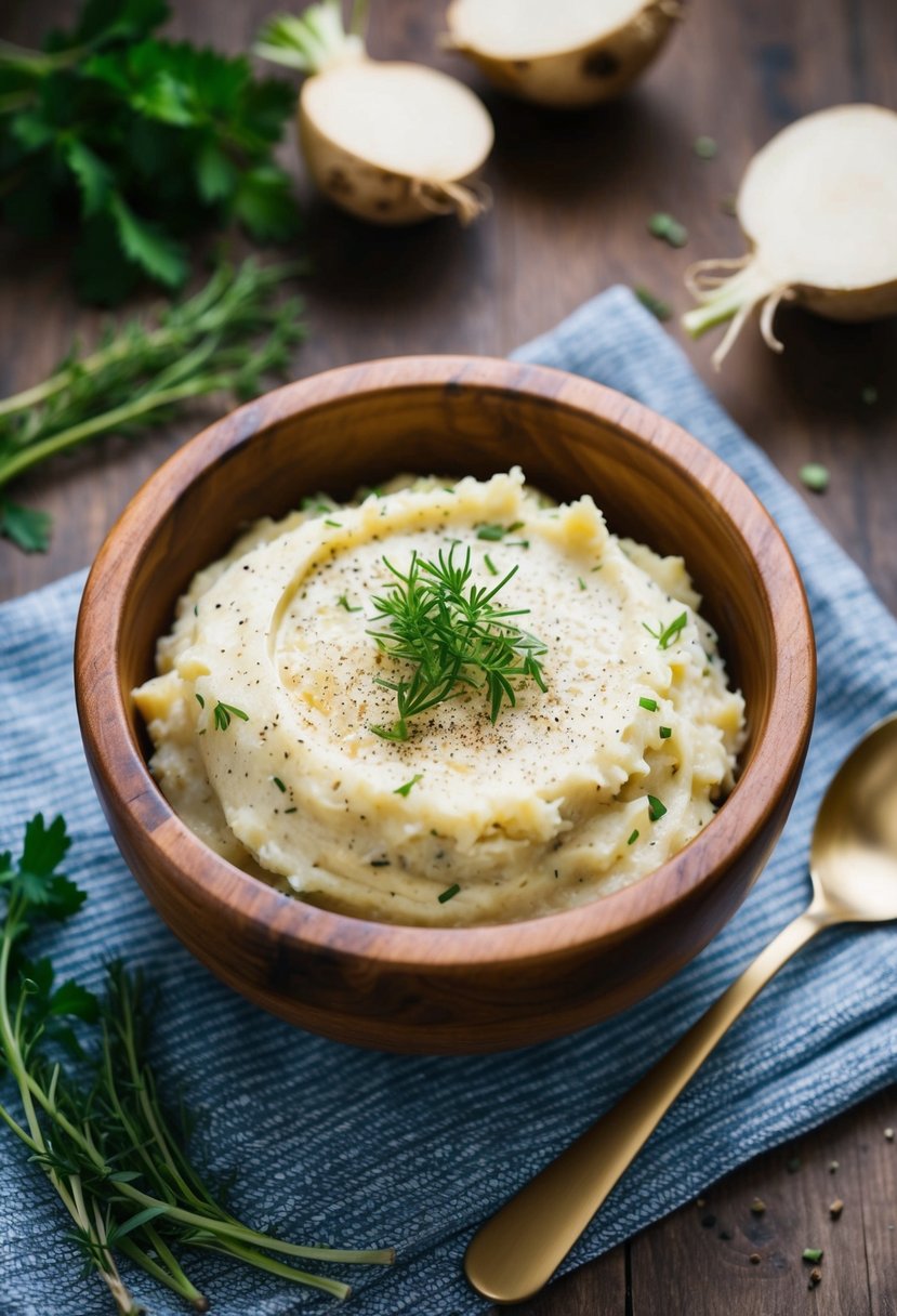 A rustic wooden bowl filled with creamy turnip mashed surrounded by fresh herbs and a sprinkle of black pepper