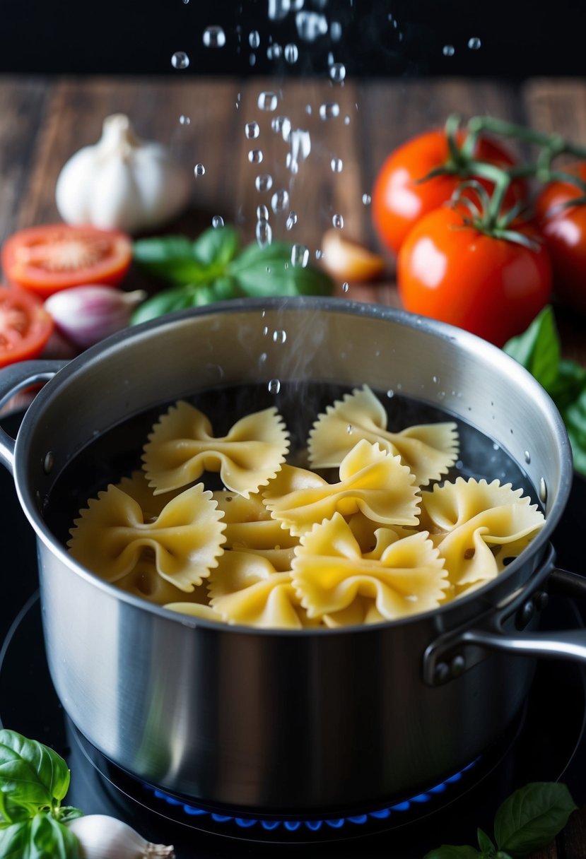 A pot of boiling water with bowtie pasta cooking inside, surrounded by fresh ingredients like tomatoes, basil, and garlic