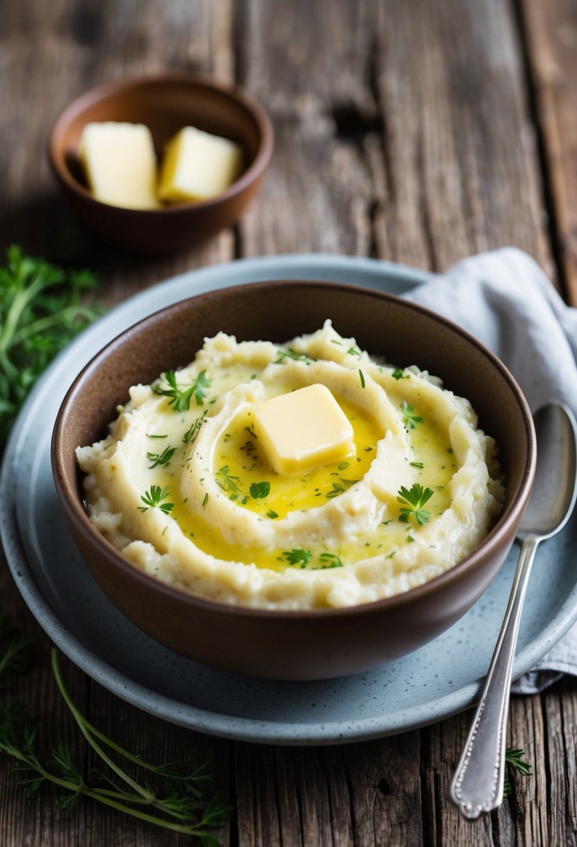 A rustic wooden table with a bowl of creamy turnip mash, garnished with fresh herbs and a pat of butter