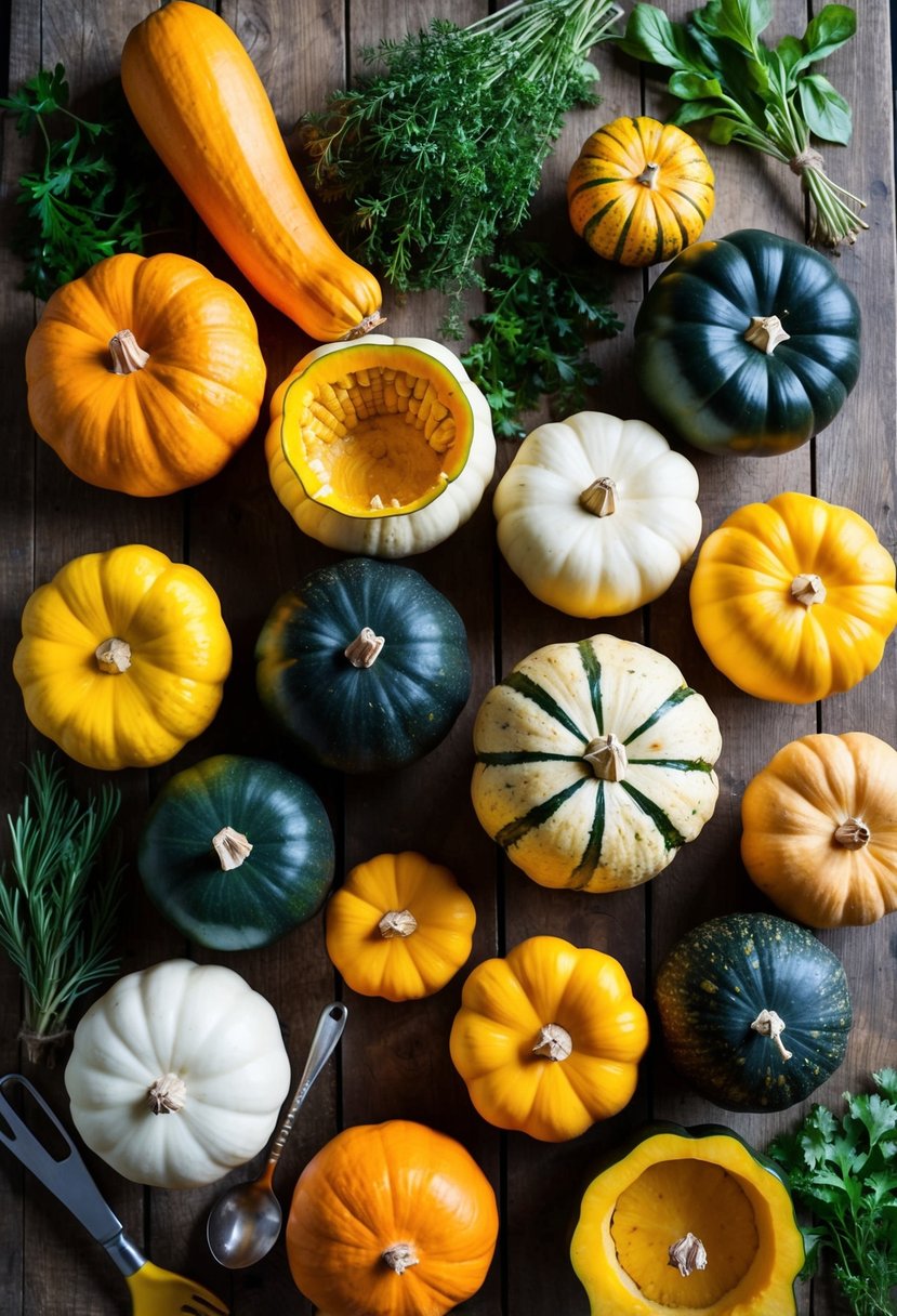 A colorful assortment of squash varieties arranged on a rustic wooden table, surrounded by fresh herbs and cooking utensils