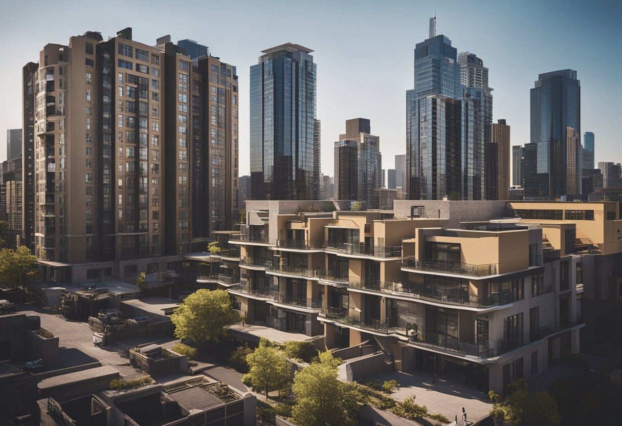 A bustling city skyline with several multifamily buildings undergoing renovations, workers adding new amenities and modernizing the properties