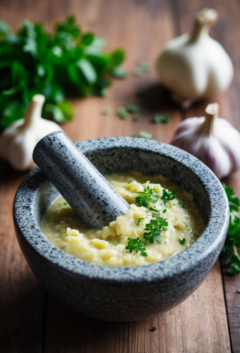 A mortar and pestle crushing garlic and herbs into a creamy turnip purée