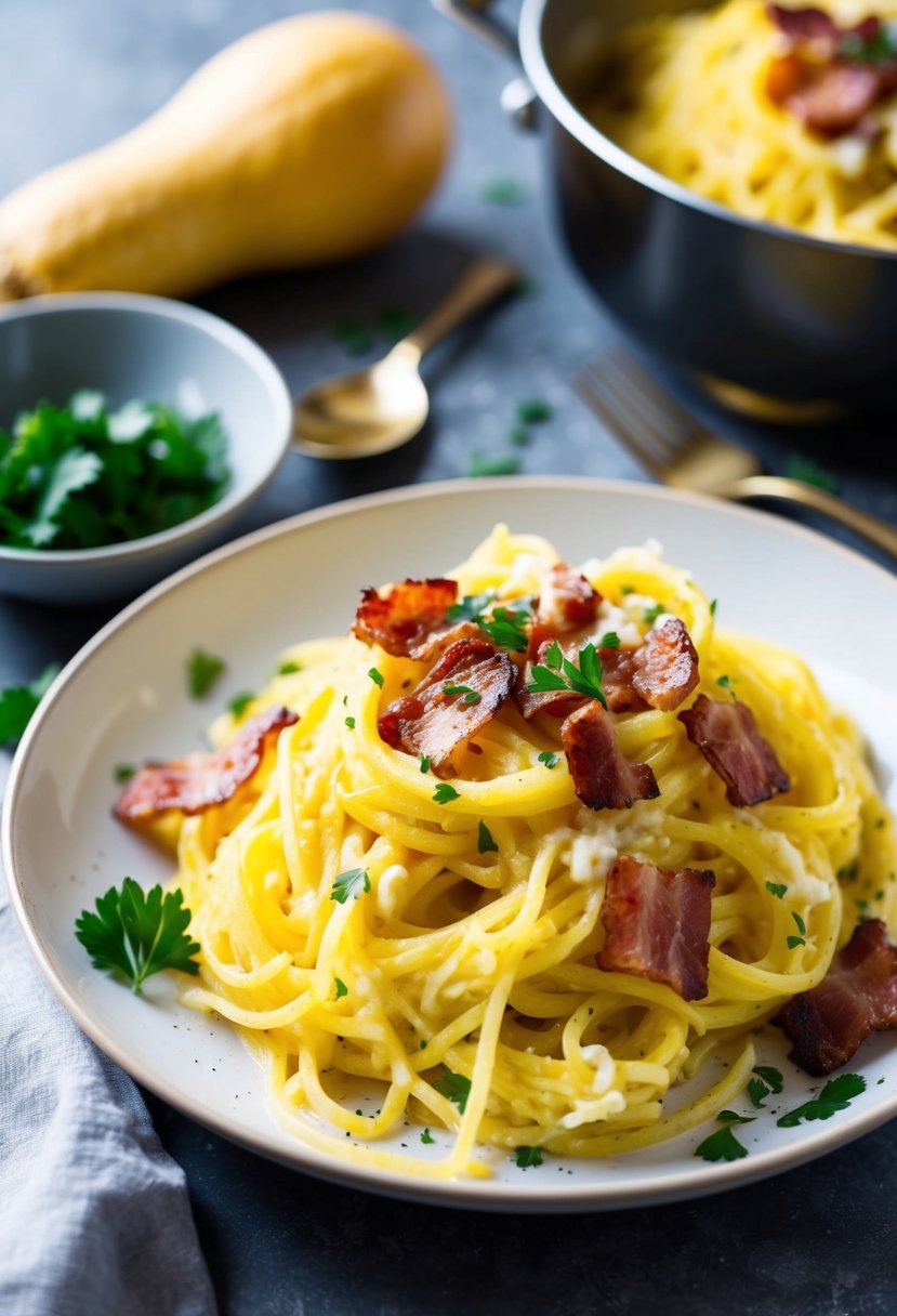 A steaming plate of spaghetti squash carbonara with crispy bacon and creamy sauce, garnished with freshly chopped parsley