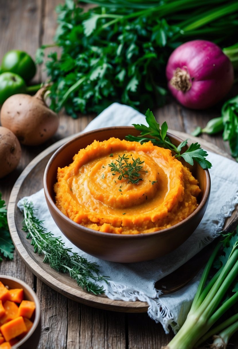 A rustic wooden table with a bowl of mashed turnips and sweet potatoes, surrounded by fresh vegetables and herbs