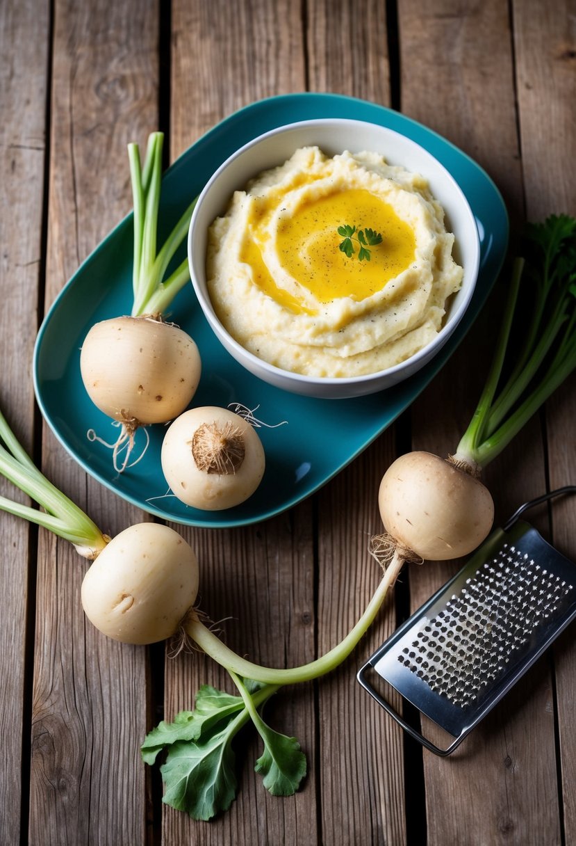 A rustic wooden table set with a bowl of creamy Parmesan turnip bliss mashed, surrounded by fresh turnips and a grater