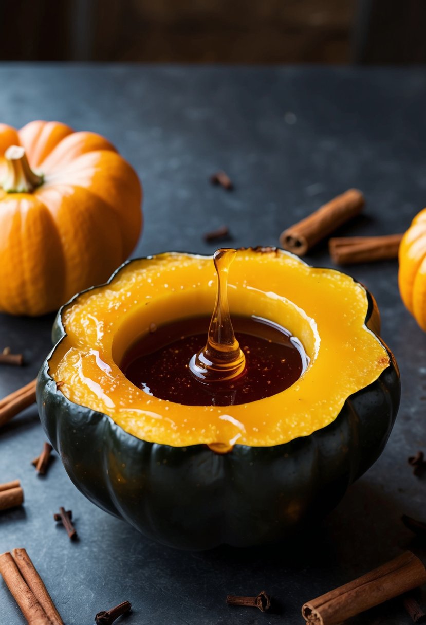 A whole acorn squash with a shiny honey glaze, surrounded by scattered ingredients like cinnamon sticks and cloves