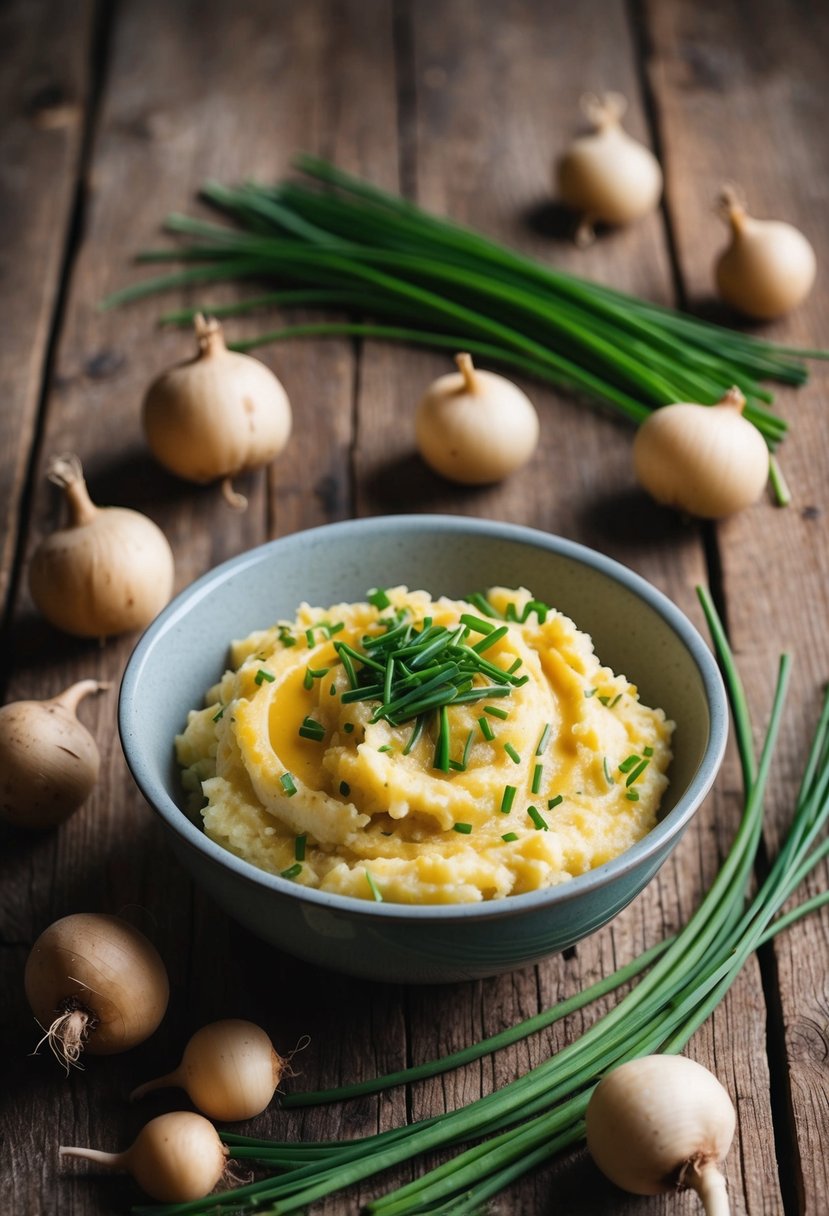 A rustic wooden table with a bowl of mashed turnips and chives, surrounded by scattered turnips and chives