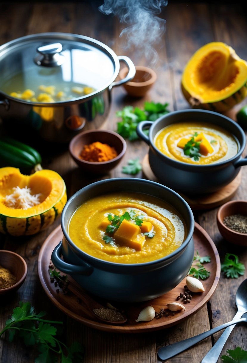 A steaming pot of curried kabocha squash soup surrounded by fresh ingredients and spices on a rustic wooden table