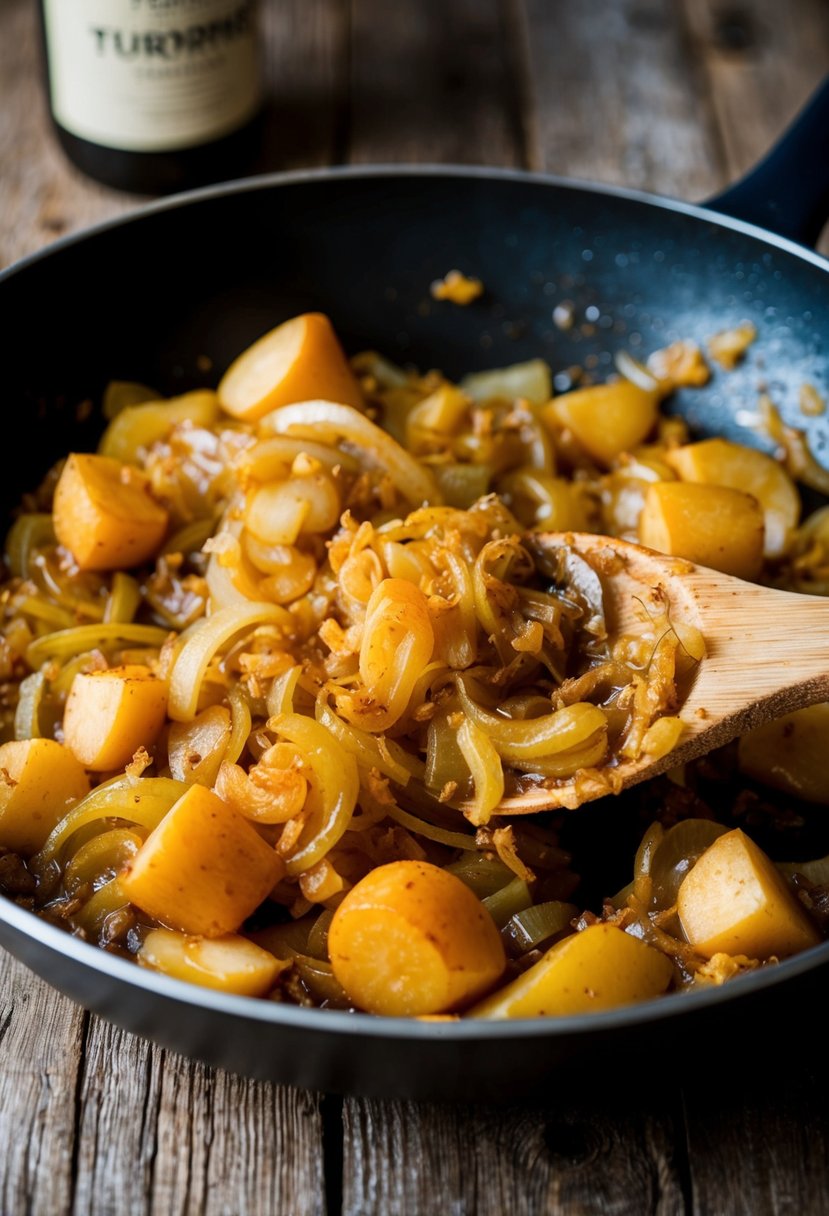 A skillet of caramelized onions and turnips being mashed together