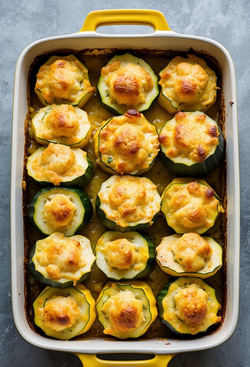 Fresh zucchini and yellow squash arranged in a baking dish, topped with a golden-brown, cheesy gratin crust