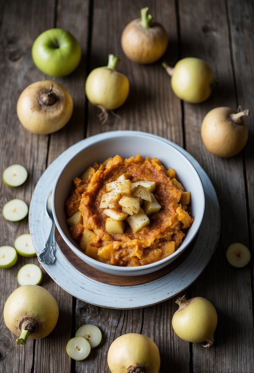 A rustic wooden table with a bowl of spiced turnip and apple mash, surrounded by scattered whole turnips and apples