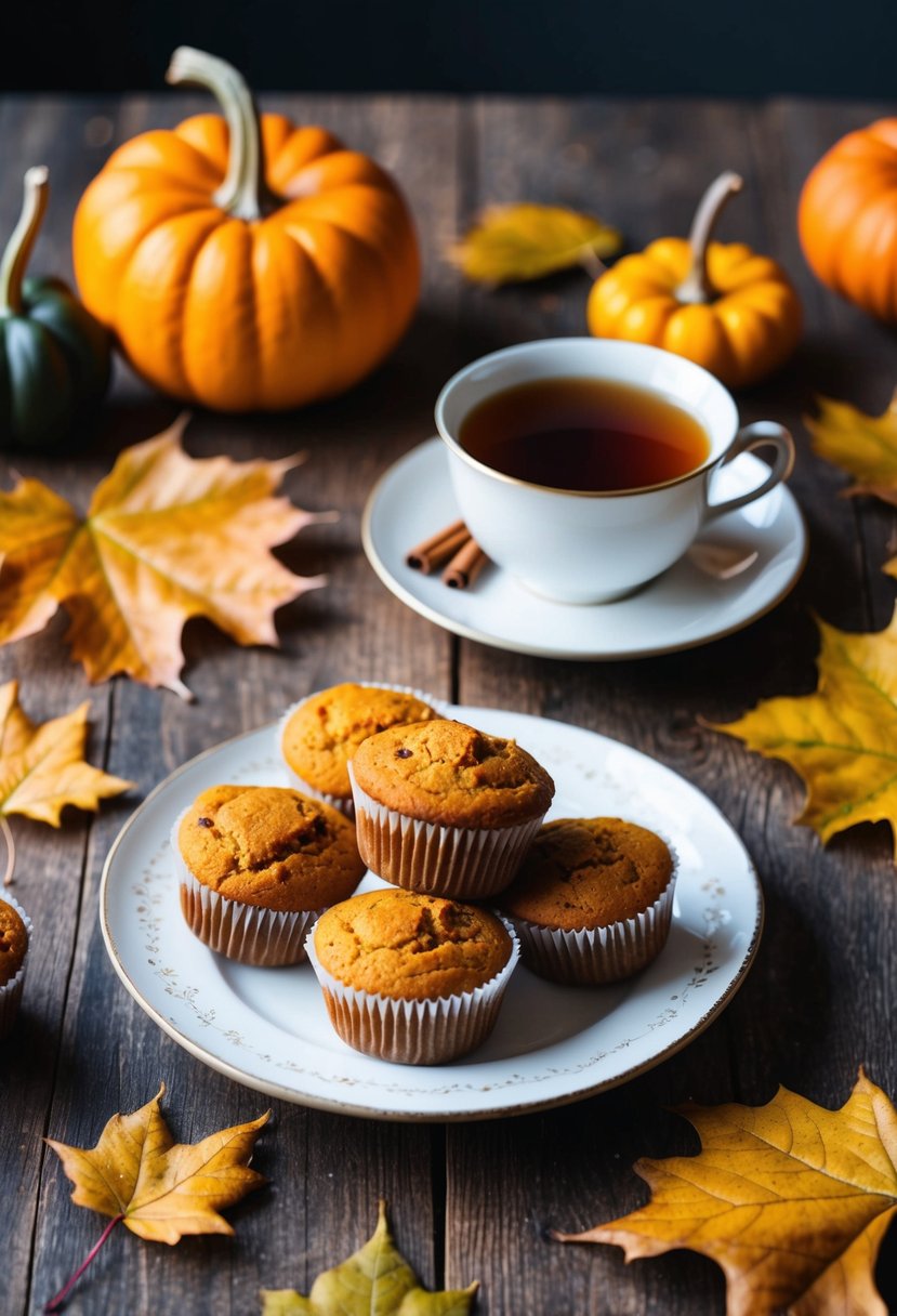 A rustic kitchen table with a plate of spiced pumpkin and squash muffins, surrounded by autumn leaves and a warm cup of tea