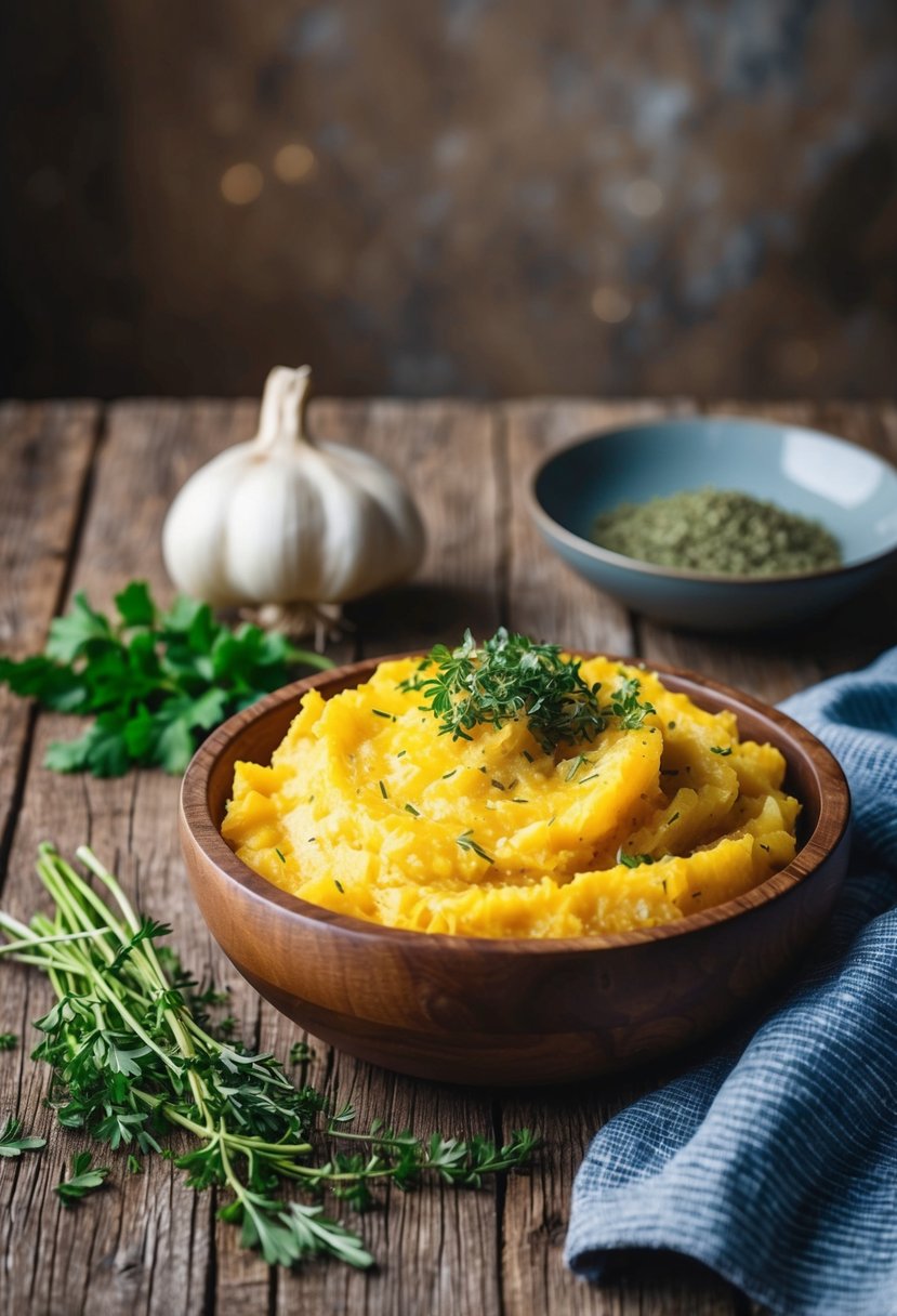 A rustic kitchen table with a wooden bowl of mashed turnips, a roasted garlic bulb, and a sprinkling of fresh herbs