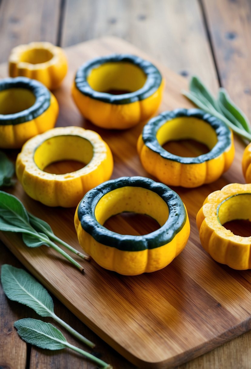 Delicata squash rings arranged with fresh sage on a wooden cutting board