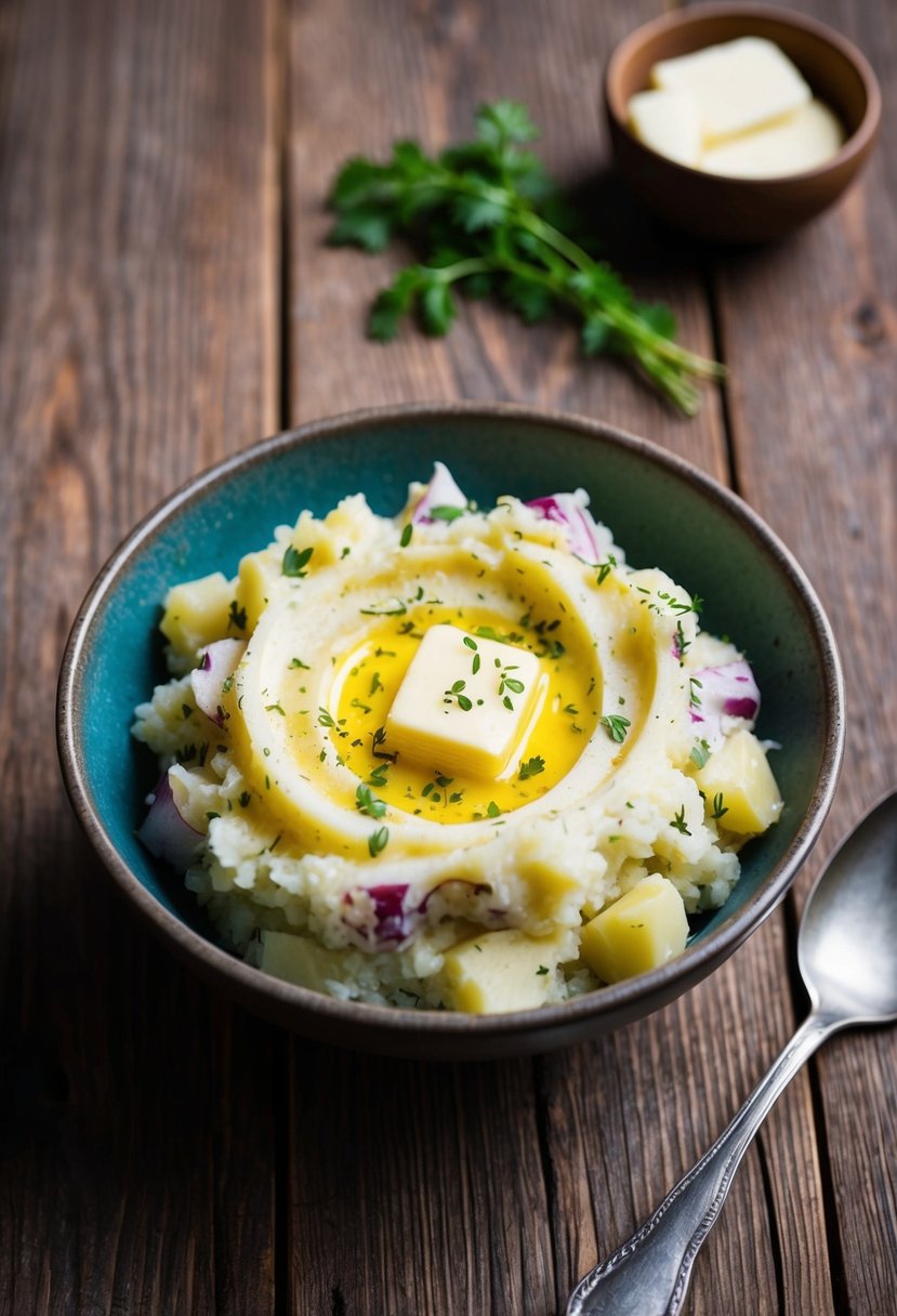 A rustic wooden table displays a bowl of creamy turnip and potato mash, topped with a pat of melting butter and a sprinkle of fresh herbs