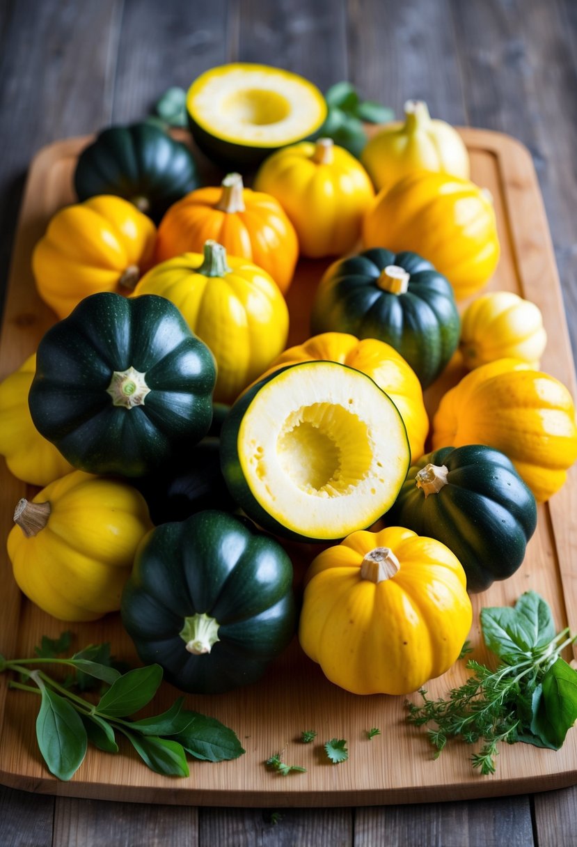 A pile of colorful patty pan squash, some whole and some sliced, arranged on a wooden cutting board with a few scattered leaves of fresh herbs