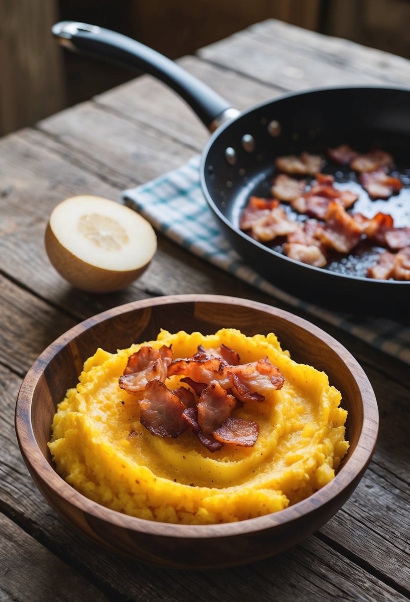 A rustic kitchen table with a wooden bowl of mashed turnips and a sizzling pan of crispy bacon