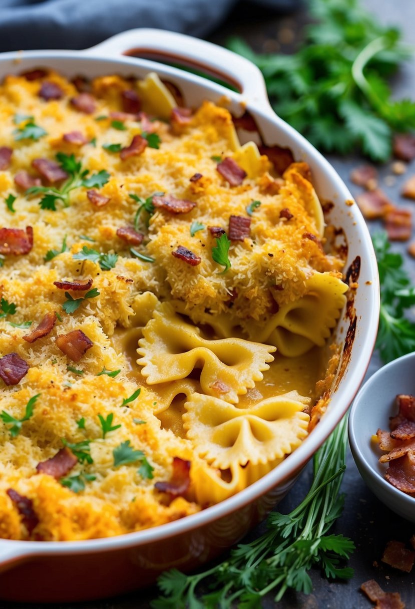 A bubbling casserole dish filled with cheesy bacon bowtie pasta, topped with a golden breadcrumb crust, surrounded by fresh herbs and a scattering of crispy bacon bits