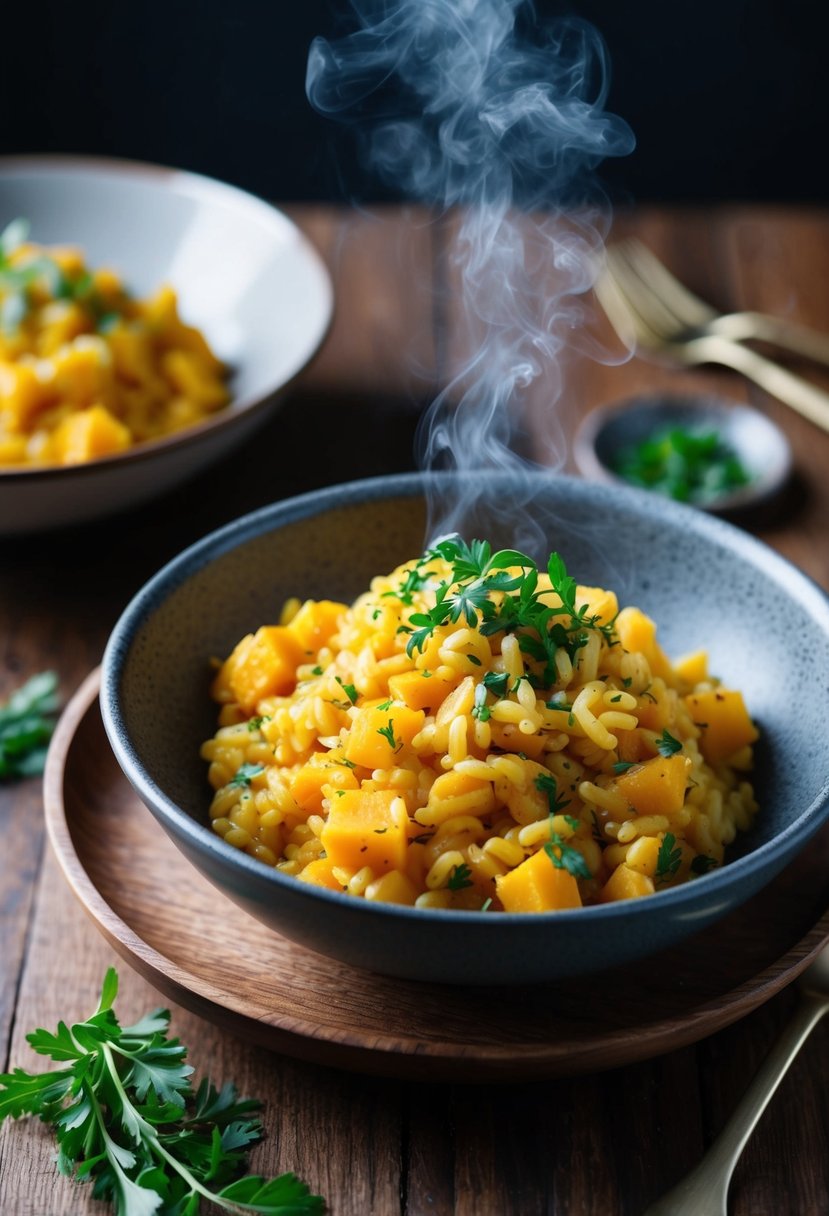 A steaming pot of butternut squash risotto, garnished with fresh herbs and served in a rustic bowl on a wooden table