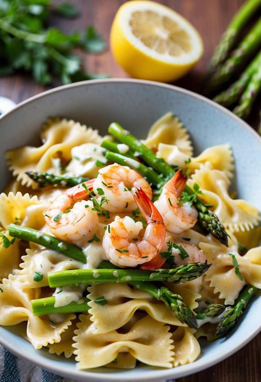 A steaming bowl of bowtie pasta with shrimp, asparagus, and a creamy sauce, garnished with fresh herbs