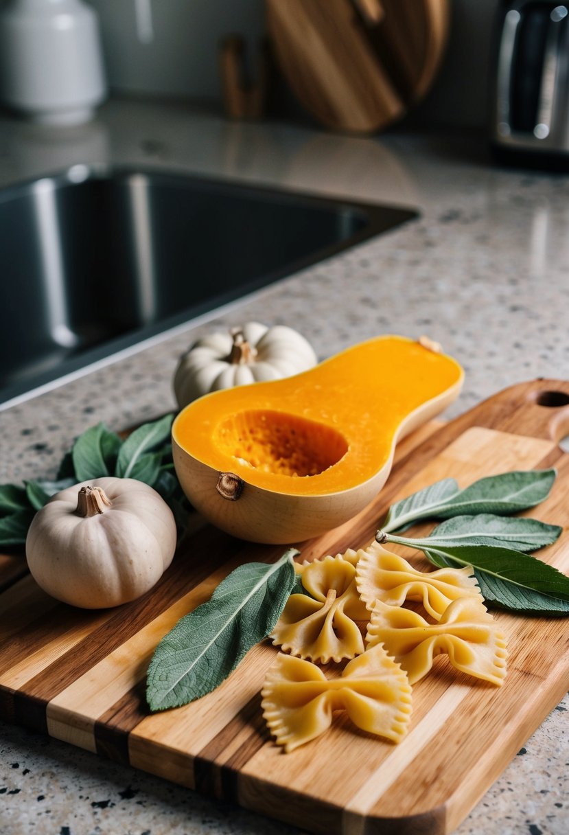 A rustic kitchen scene with a wooden cutting board, fresh butternut squash, sage leaves, and uncooked bowtie pasta arranged on a countertop