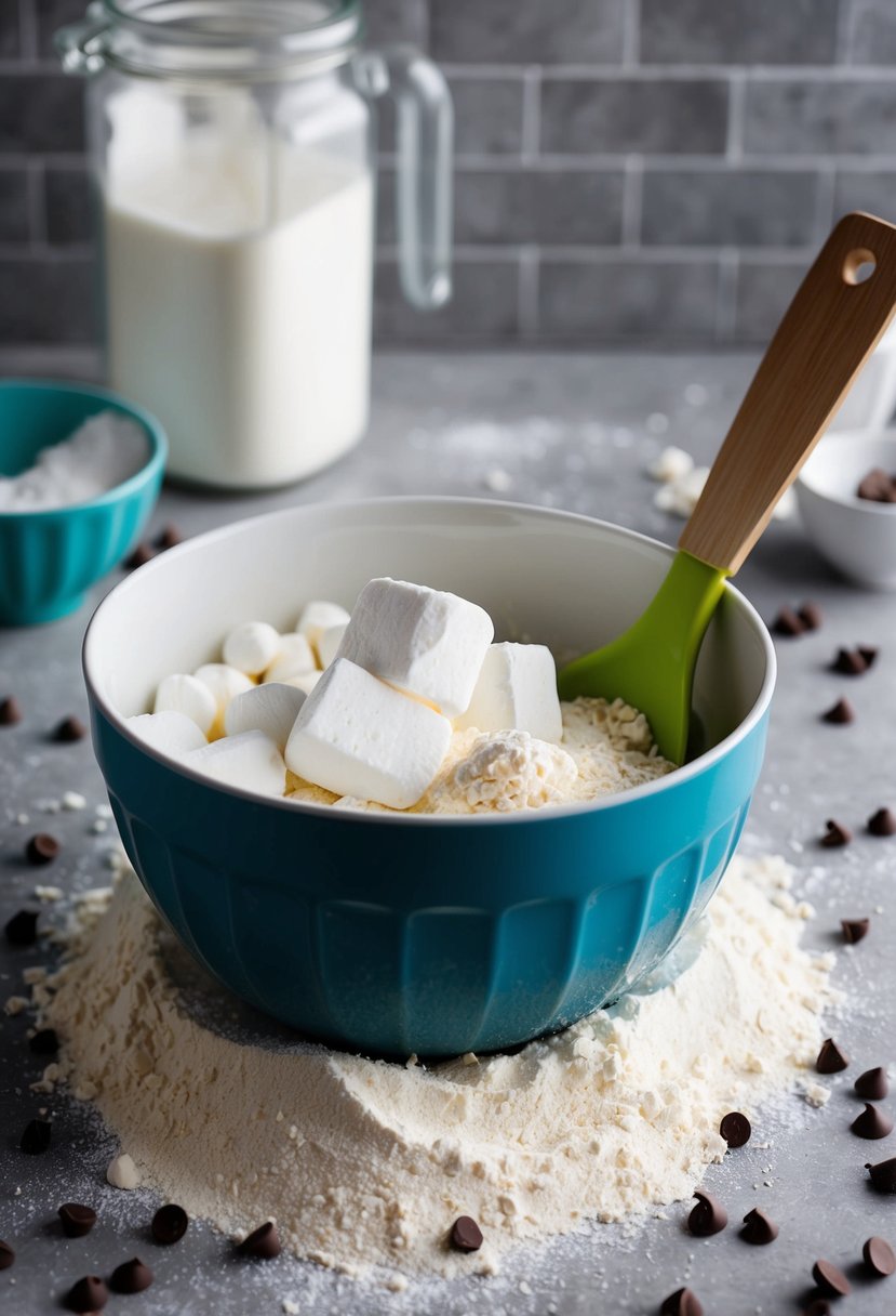 A mixing bowl filled with marshmallow fluff and cookie ingredients, surrounded by scattered flour and chocolate chips on a kitchen counter