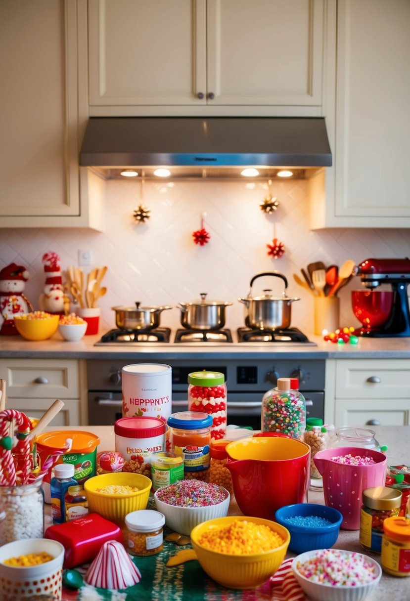 A festive kitchen filled with colorful ingredients and candy-making supplies, with a warm glow from the oven and a hint of peppermint in the air