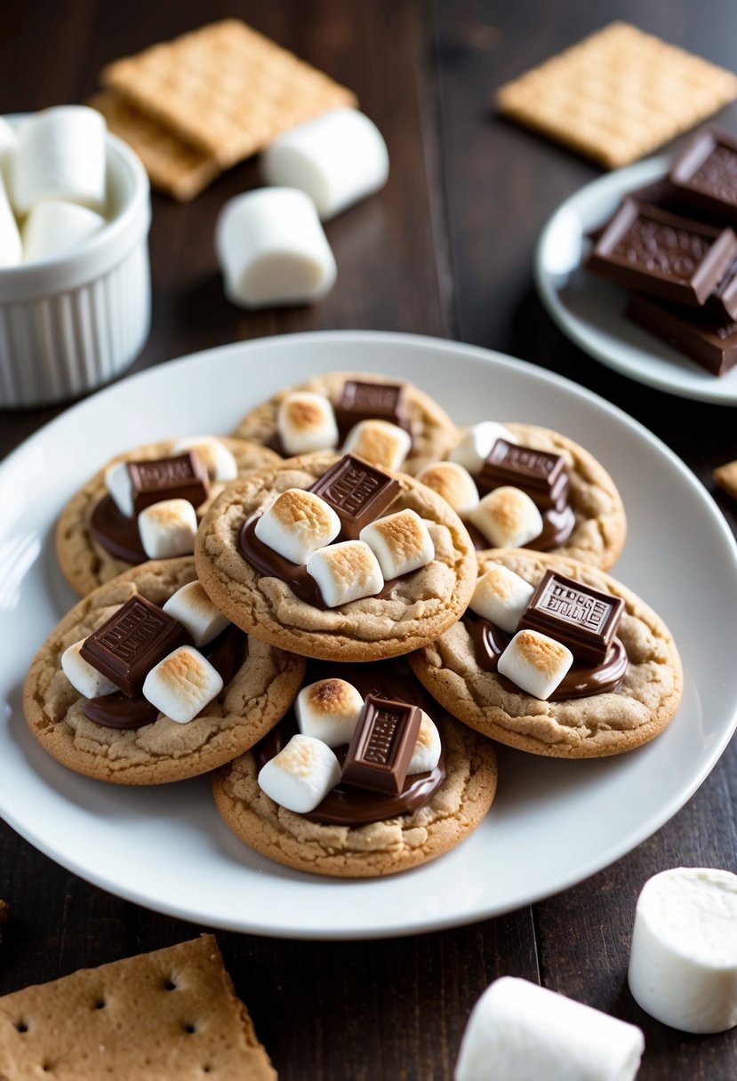 A plate of S'mores Deluxe Cookies surrounded by marshmallows, chocolate, and graham crackers