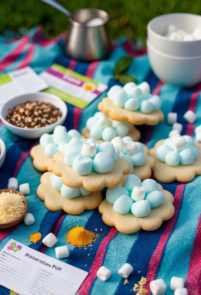 A picnic blanket with fluffy cloud-shaped cookies filled with marshmallow fluff, surrounded by a scattering of ingredients and recipe cards