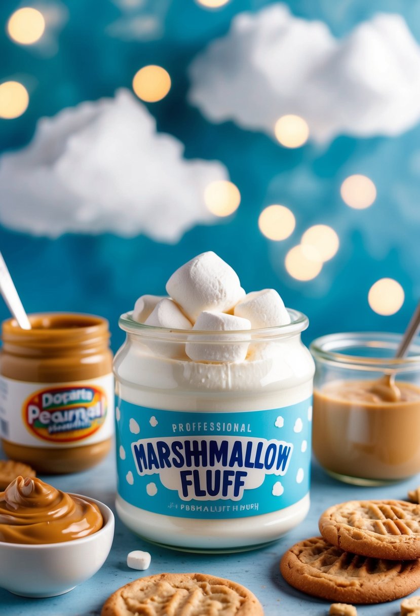 A jar of marshmallow fluff surrounded by peanut butter, cookies, and dreamy clouds